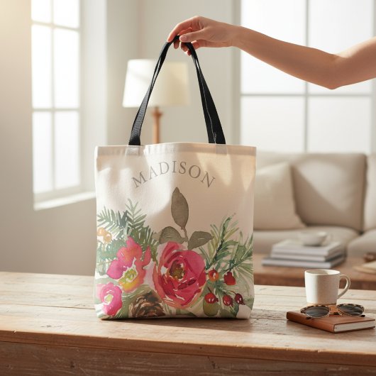 Tote Bag Aquarelle Chic Winter Floral Nom personnalisé
