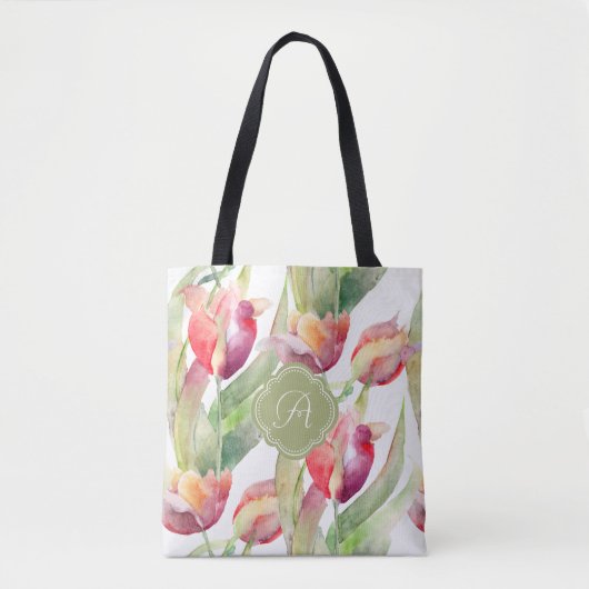 Tote Bag Aquarelle colorée Tulipes peintes avec Monogramme (Devant)