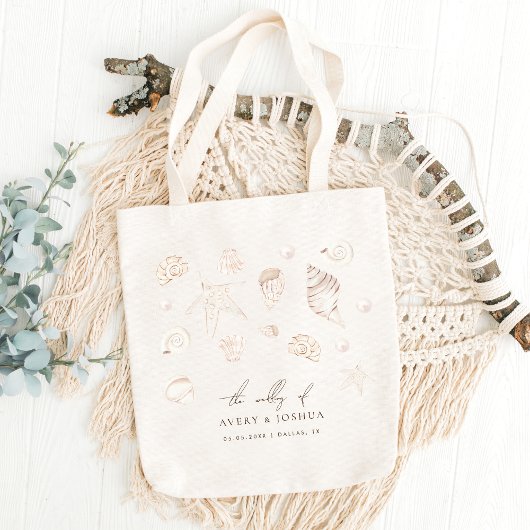 Tote Bag Aquarelle Coquillages Perles Mariage Nautique Favo