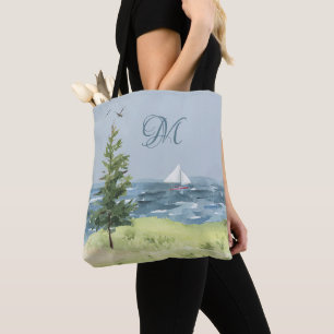 Tote Bag Aquarelle Côte Plage Sable Voilier Monogramme