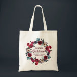 Tote Bag Aquarelle couleur rouge florale personnalisée<br><div class="desc">Beau cadeau de bienvenue pour vos demoiselles d'honneur. Un sac fourre-tout floral rouge bordeaux peut contenir vos cadeaux de bienvenue mariages et être utilisé longtemps après votre mariage. La couronne florale d'aquarelle a des tons bordeaux profonds qui sont accentués par des bourgeons rose crémeux et bleu turquoise clair. La couronne...</div>