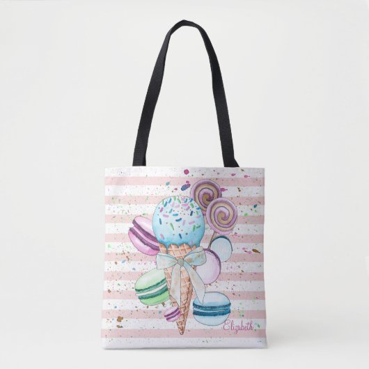 Tote Bag Aquarelle Crème glacée, Macarons, Bandes roses (Devant)