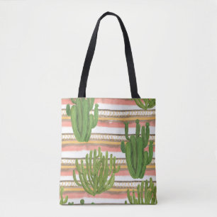 Tote Bag Aquarelle de cactus, arrière - plan rayé, couche t