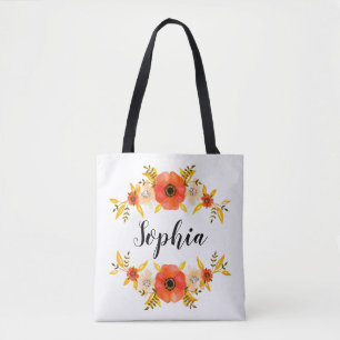 Tote Bag Aquarelle de fille Coral Floral Wreath Texte perso