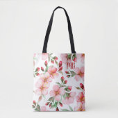 Tote Bag Aquarelle de fleurs de cerisier rose monogramme (Devant)