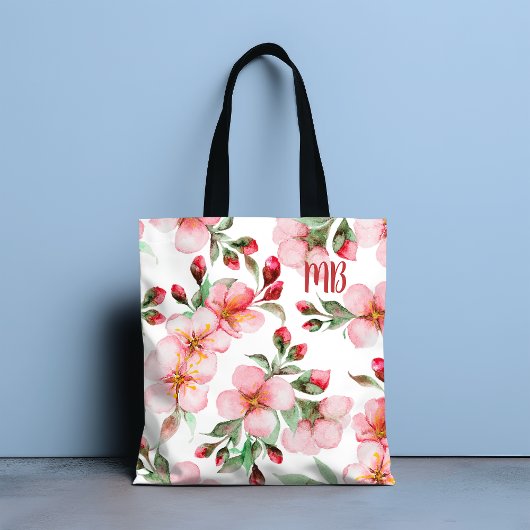 Tote Bag Aquarelle de fleurs de cerisier rose monogramme