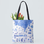 Tote Bag Aquarelle de l'île grecque Santorin<br><div class="desc">Aquarelle bleu et blanc,  peinture murale basée sur l'île grecque de Santorin.</div>