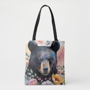 Tote Bag Aquarelle de l'ours noir Art Floral