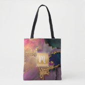 Tote Bag Aquarelle de marbre, or violet vert bleu monogramm (Devant)