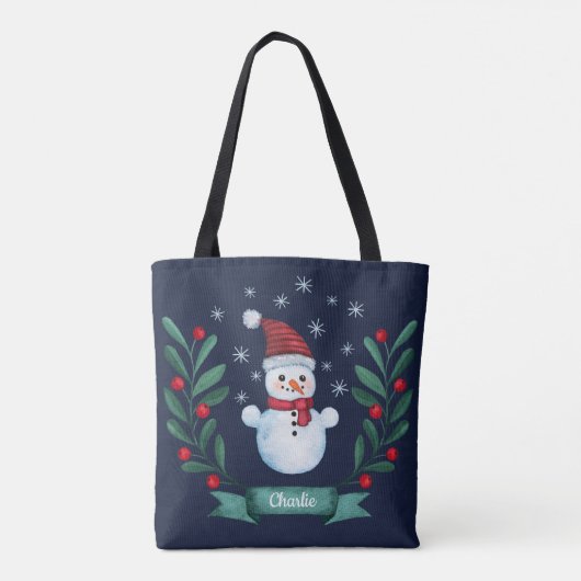 Tote Bag Aquarelle de Noël Snowman Custom Navy Blue (Dos)
