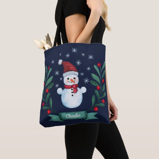 Tote Bag Aquarelle de Noël Snowman Custom Navy Blue (De près)