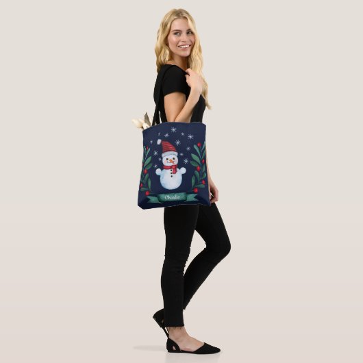 Tote Bag Aquarelle de Noël Snowman Custom Navy Blue (Sur le modèle)
