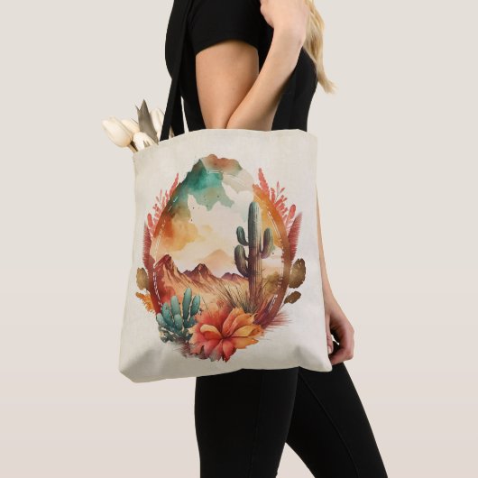 Tote Bag Aquarelle Désert Cactus et Montagnes (De près)