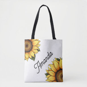 Tote Bag Aquarelle Diagonale jaune Nom Deux tournesols