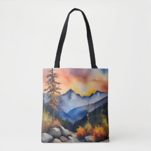 Tote Bag Aquarelle du lever du soleil sur les montagnes enn