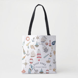 Tote Bag Aquarelle éléments nautiques marin