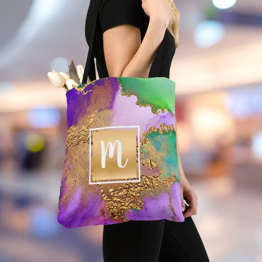 Tote Bag Aquarelle en marbre vert violet or
