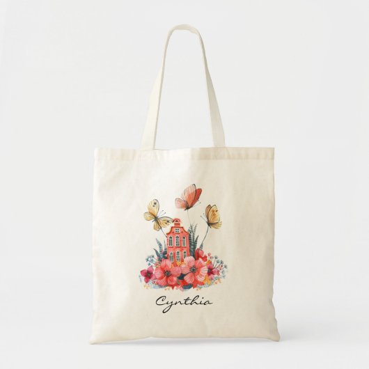 Tote Bag Aquarelle Fairytale House Fleurs & Papillons (Devant)