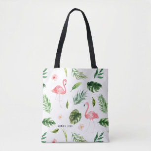 Tote Bag Aquarelle Feuilles tropicaux et Flamant rose