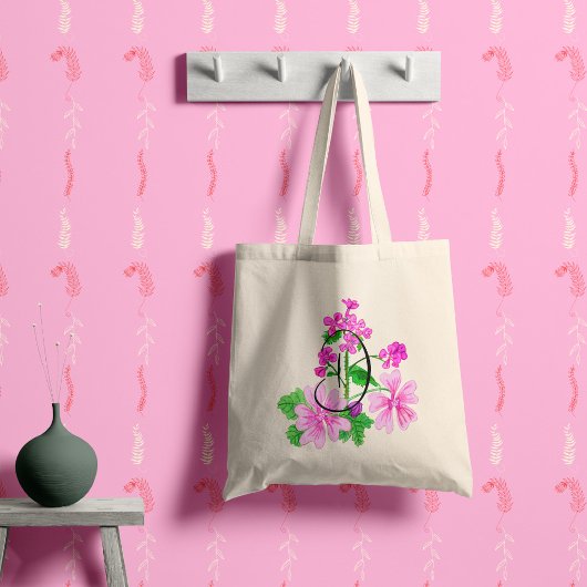 Tote Bag Aquarelle fleur rose avec votre initiale.
