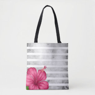 Tote Bag Aquarelle Fleur rose dans une bande noire et blanc