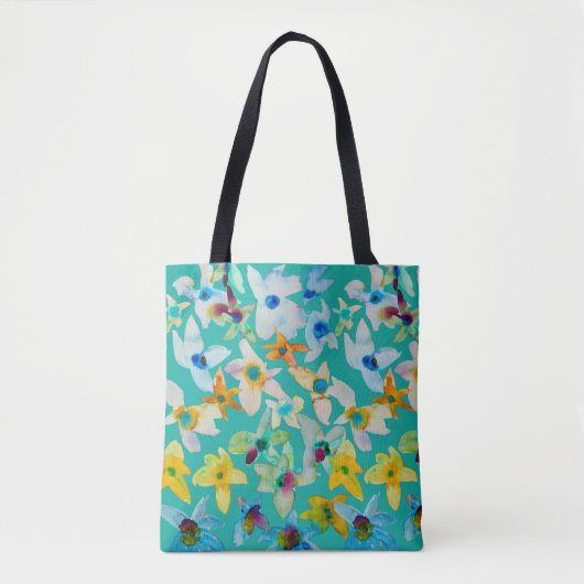 Tote Bag Aquarelle fleurs bleues blanches (Devant)
