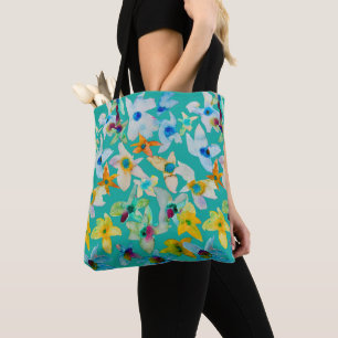 Tote Bag Aquarelle fleurs bleues blanches