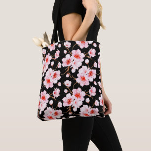 Tote Bag Aquarelle Fleurs de cerisier rose noir