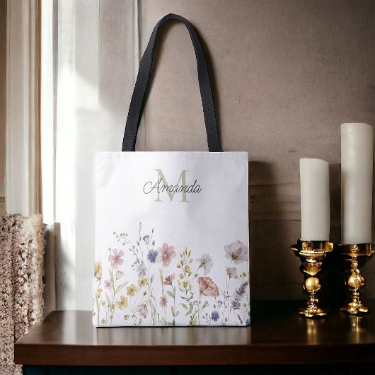 Tote Bag Aquarelle Fleurs sauvages Boho élégant avec Monogr