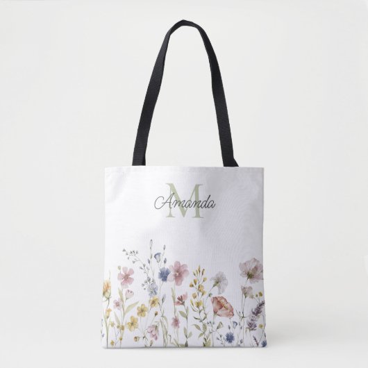 Tote Bag Aquarelle Fleurs sauvages Boho élégant avec Monogr (Devant)