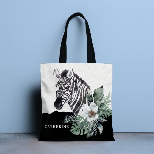 Tote Bag Aquarelle Floral Wild Zebra Nom personnalisé