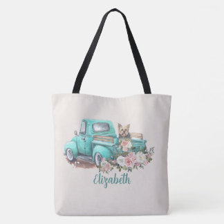 Tote Bag Aquarelle Floral & Yorkie dans un Camion sarcelle