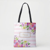 Tote Bag Aquarelle florale chic rayures rose et blanche (Devant)