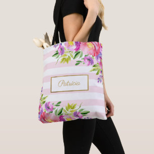 Tote Bag Aquarelle florale chic rayures rose et blanche