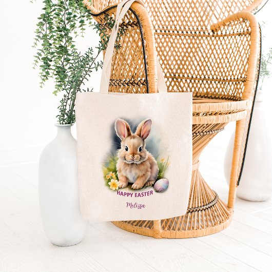 Tote Bag Aquarelle Florale Joyeux Lapin De Pâques Avec Oeuf