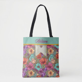 Tote Bag Aquarelle Florale Orange Aqua Crème Rose Botanique