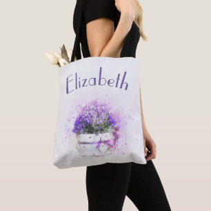 Tote Bag Aquarelle florale personnalisée Lilac pourpre