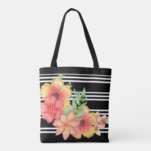 Tote Bag Aquarelle florale personnalisée sur fond rayé noir (Dos)