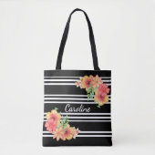 Tote Bag Aquarelle florale personnalisée sur rayures noires (Devant)