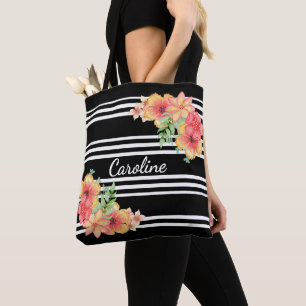 Tote Bag Aquarelle florale personnalisée sur rayures noires