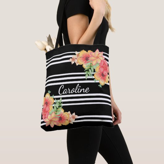 Tote Bag Aquarelle florale personnalisée sur rayures noires (De près)
