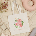 Tote Bag Aquarelle florale rose rose personnalisée Jolie<br><div class="desc">Beau sac fourre-tout personnalisé à la main aquarelle rose et pêche rose arrangement fleur avec votre nom de calligraphie manuscrite personnalisé.</div>