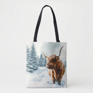Tote Bag Aquarelle Highland Cow Winter Scene