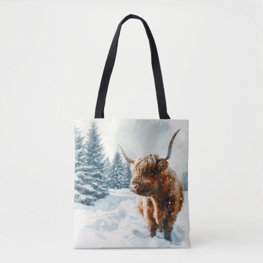 Tote Bag Aquarelle Highland Cow Winter Scene (Devant)