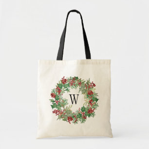 Tote Bag Aquarelle Holly Wreath Monogramme Première Fête