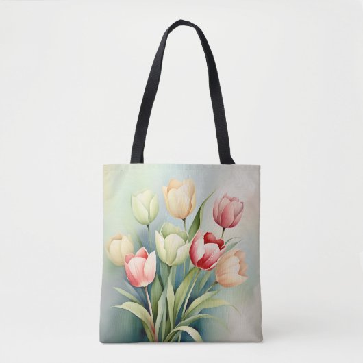 Tote Bag Aquarelle Jardin Tulipe Sur Sage Green (Devant)