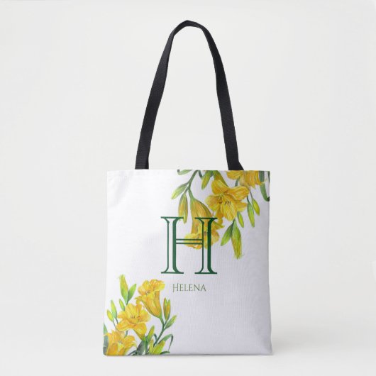 Tote Bag Aquarelle Jaune Lys Jaune Monogramme Floral (Devant)