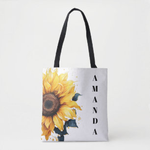 Tote Bag Aquarelle Jaune Stylo Nom Côté Tournesol