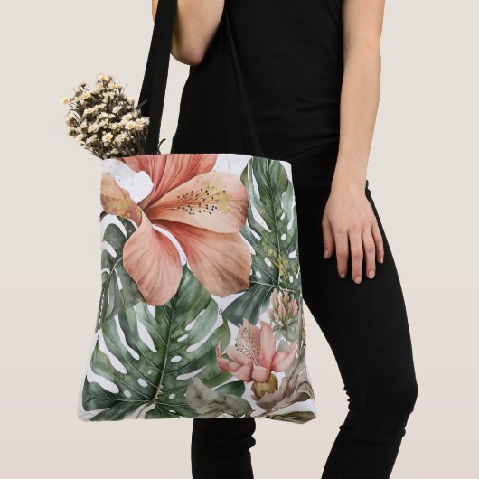 Tote Bag Aquarelle Jungle Pêche Florale Vert Or Splash (De près)