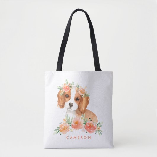 Tote Bag Aquarelle King Charles Spaniel Orange Fleurs (Devant)